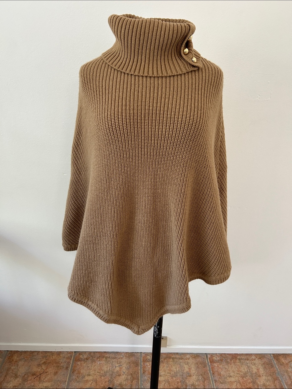 MICHAEL Michael Kors Camel Ribbed Knit Turtleneck Poncho Cape, Gold Buttons